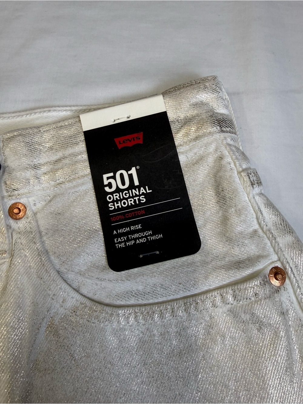 Levis 501 Premium Shorts Womens Sz 31 White Gold Metallic High Rise Cutoff - Picture 2 of 12